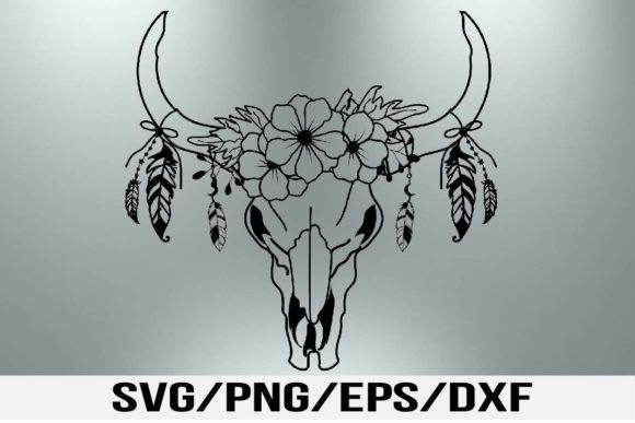 Floral Cow Skull with Feathers